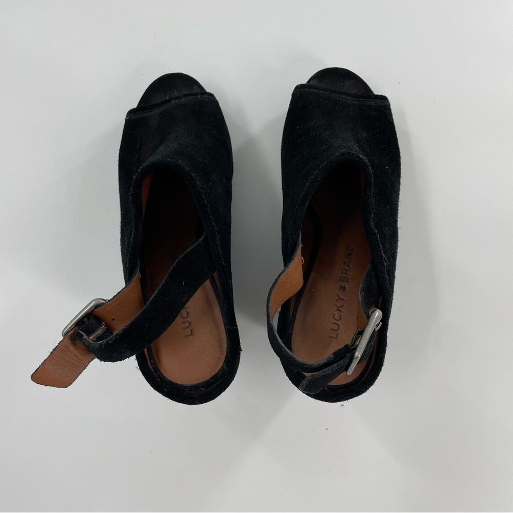 Lucky Brand Jemadine Suede Platforms Slingback Peep Toe in Black - Picture 7 of 7